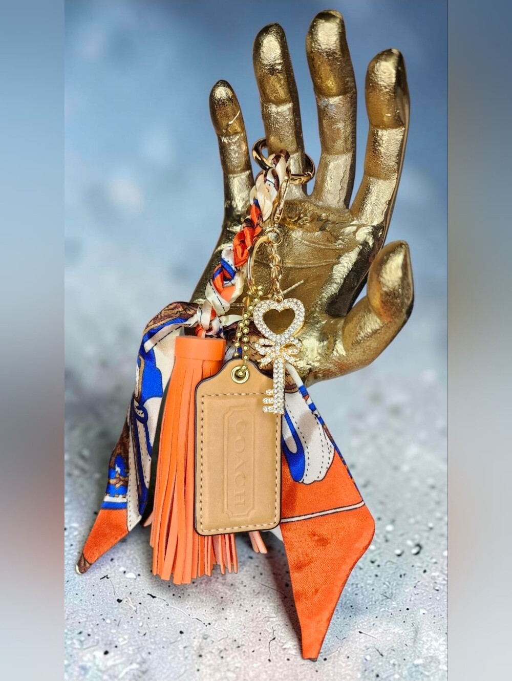 Coach Orange & Blue Scarf Tassel Keychain with Crystal Key & Heart Charm